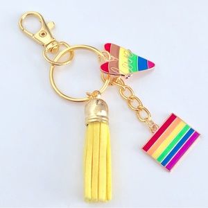 New Handmade Keychain Leather Tassel Rainbow Pride Flag Love Heart Colourful